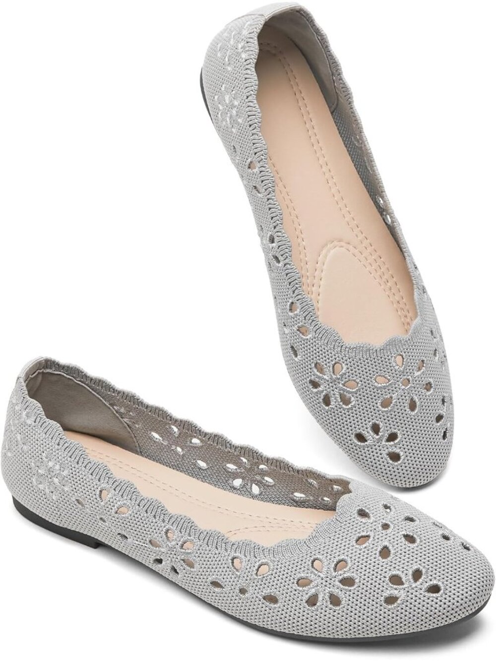 Women's Grey Mesh Floral Ballet Flats Comfortable Slip On Casual Walking Shoes